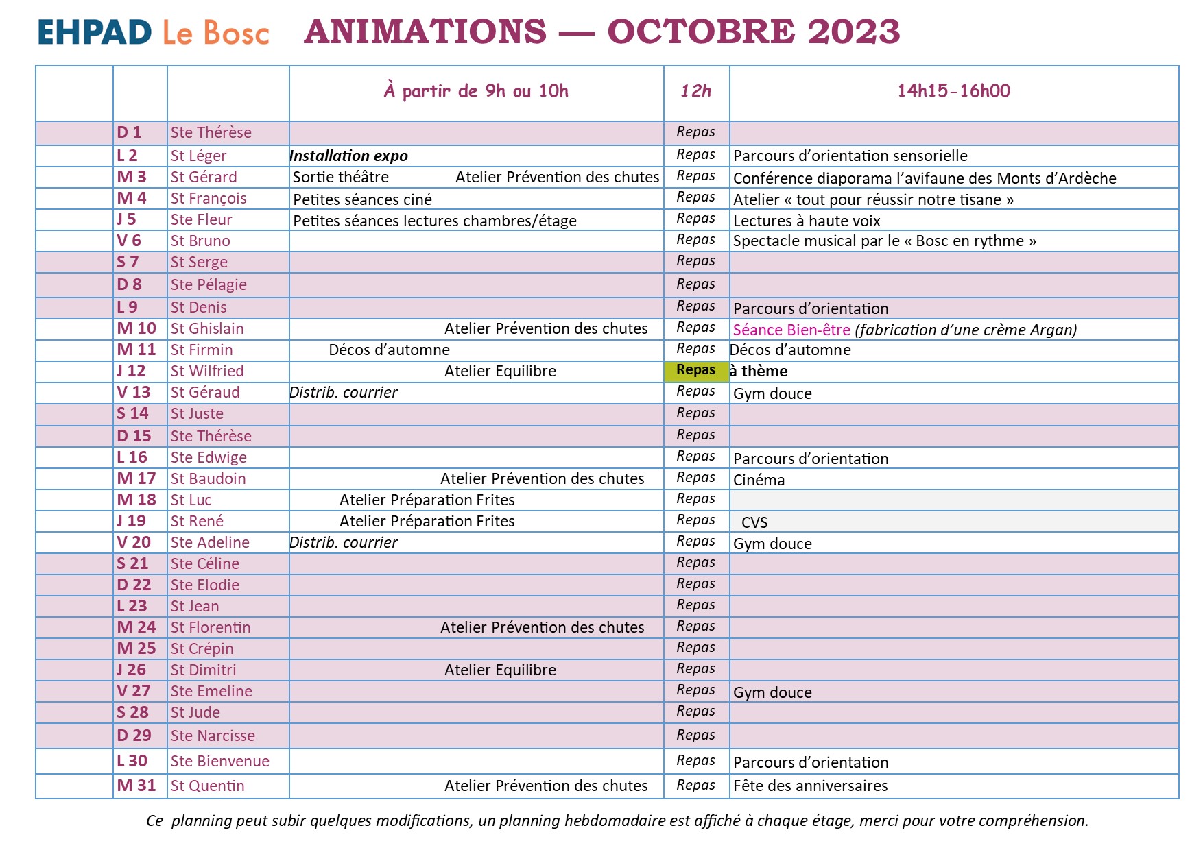 EHPAD Le Bosc – Animations Octobre 2023